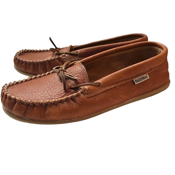 SoftMoc Moccasin Shoes Size 9 Brown Tan Leather Cozy Laced Non Slip - Picture 4 of 11